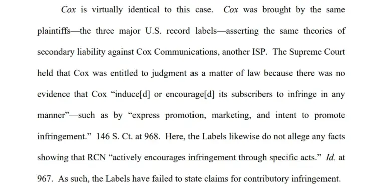 ISP RCN Moves to Dismiss Major Record Labels’ Piracy Lawsuit, Citing Landmark Supreme Court Precedent